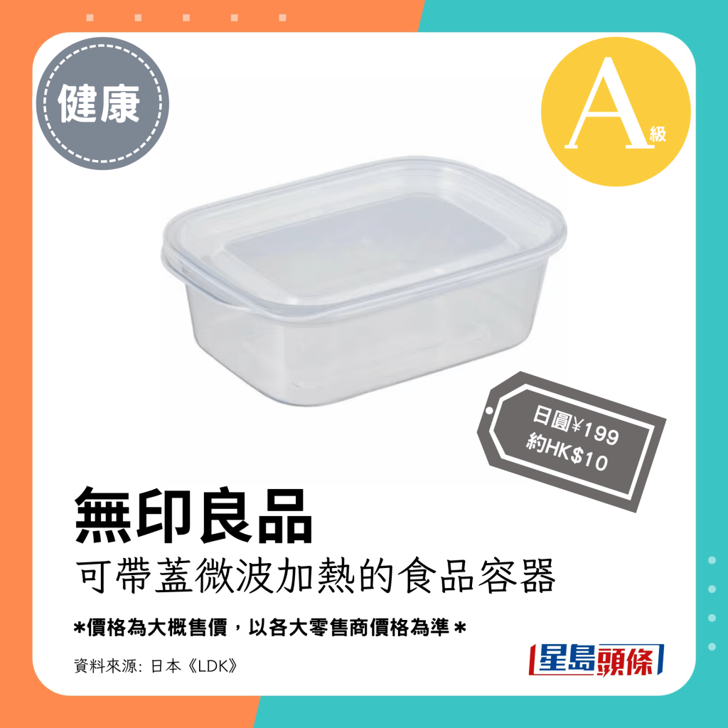 第1位 A级（4.00分）：无印良品 可带盖微波加热的食品容器（日圆¥199，约HK$10）