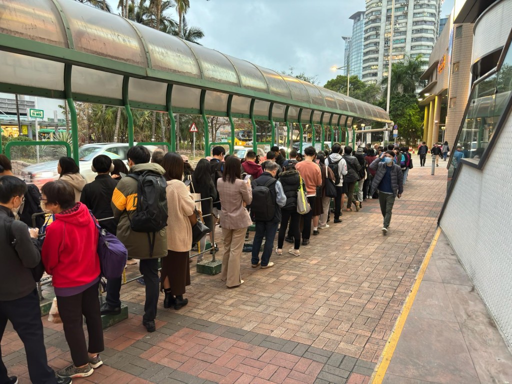 葵芳站外接驳往荔景山上祖尧邨及丽瑶邨的小巴站，每逢上下班时段便站满人龙。(受访者提供)