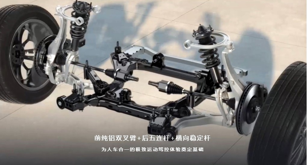 小鹏G6电动SUV悬挂系统采用前轮双摇臂、后轮五连杆附设前后稳定连杆组合。