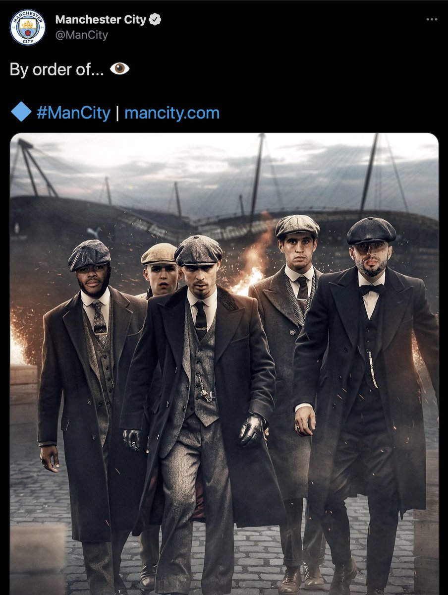 曼城公关团队果然识玩，特意在IG上载一张P图，以基亚利殊一班曼城球员「KEY头」，制作新的《Peaky Blinders》海报。 网上图片