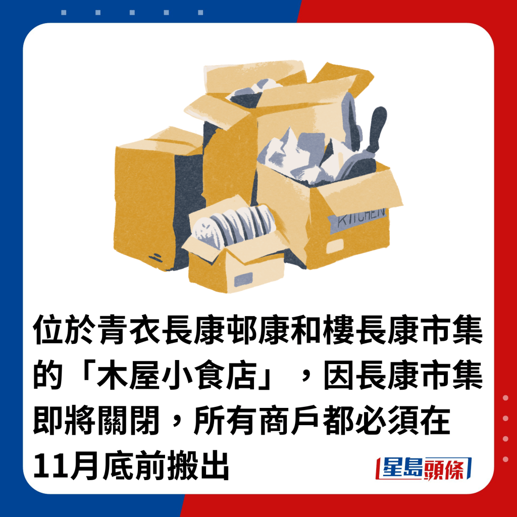 位於青衣長康邨康和樓長康市集的「木屋小食店」，因長康市集即將關閉，所有商戶都必須在11月底前搬出