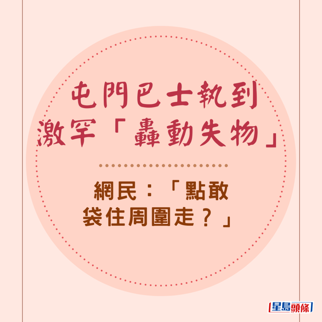 有網民在一輛往屯門的九巴上，執到一樣罕見失物，引發網民轟動反應，不少網民對於有人攜此物搭巴士，大惑不解：「點敢袋住周圍走？」