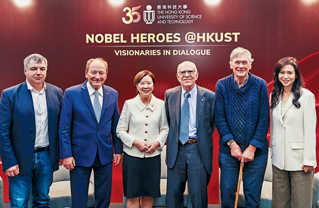 科大昨日舉辦「諾貝爾英雄＠科大」學術盛會。左起為諾沃肖諾夫、莫頓、葉玉如、伊格納羅、亨特及羅寶文。