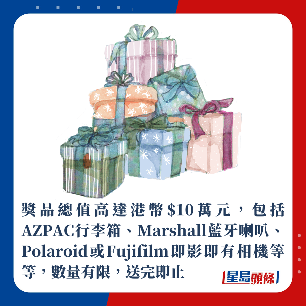 獎品總值高達港幣$10萬元，包括AZPAC或American Tourister行李箱、Marshall藍牙喇叭、Polaroid或Fujifilm即影即有相機等等，數量有限，送完即止