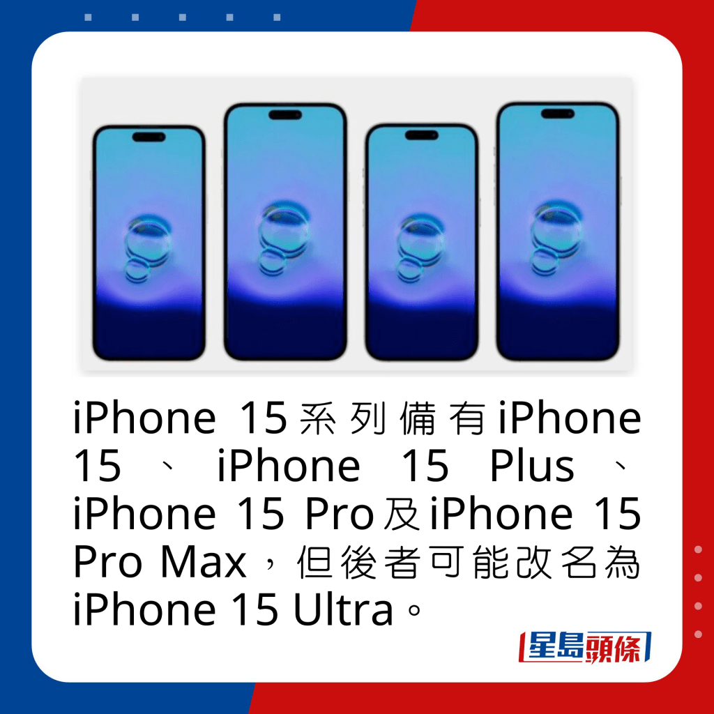 iPhone 15系列備有iPhone 15、iPhone 15 Plus、iPhone 15 Pro及iPhone 15 Pro Max，但後者可能改名為iPhone 15 Ultra。