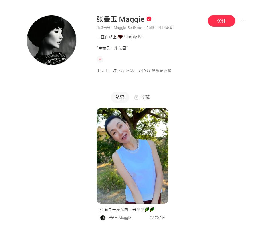 張曼玉2025年8月初開設小紅書,已吸納近百萬粉絲關注。 張曼玉2025年8月初開設小紅書,已吸納近百萬粉絲關注。