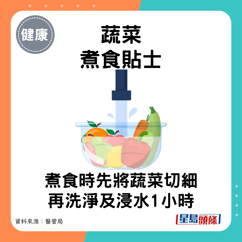 煮食時先將蔬菜切細，再洗淨及浸水1小時。