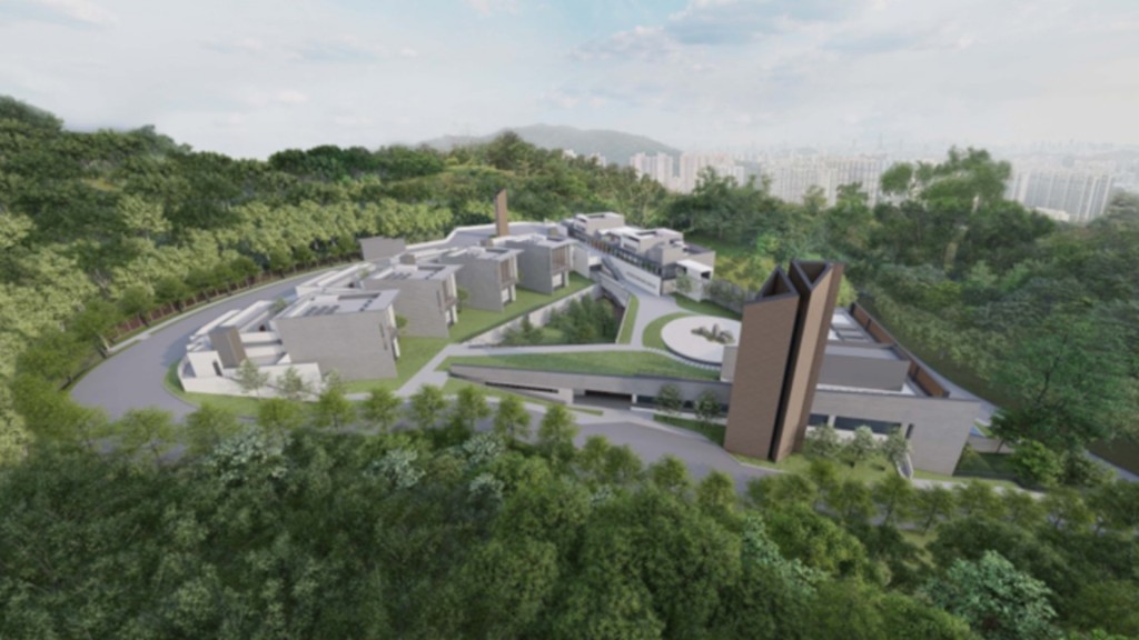 和合石墳場擬建新火葬場,從東南面望向火葬場的構思透視圖。立法會文件 和合石墳場擬建新火葬場,從東南面望向火葬場的構思透視圖。立法會文件