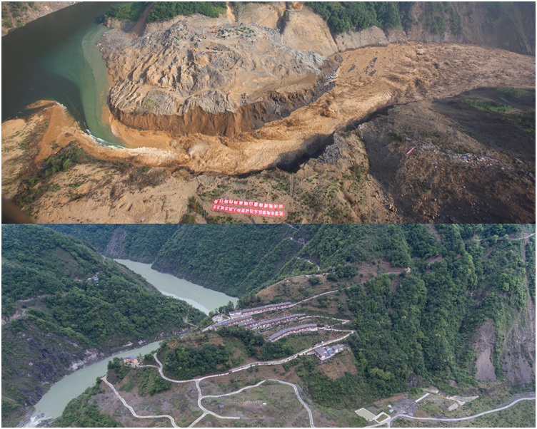 图上,唐家山堰塞湖2008年泄流情况;10年后在堰塞湖堰塞体上安置居民。新华社