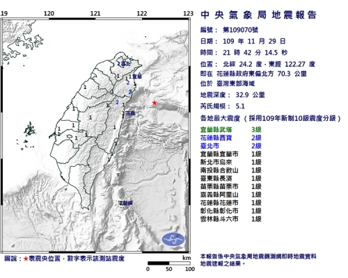 台灣東部海域昨晚9時42分發生5.1級地震。台灣氣象局圖片