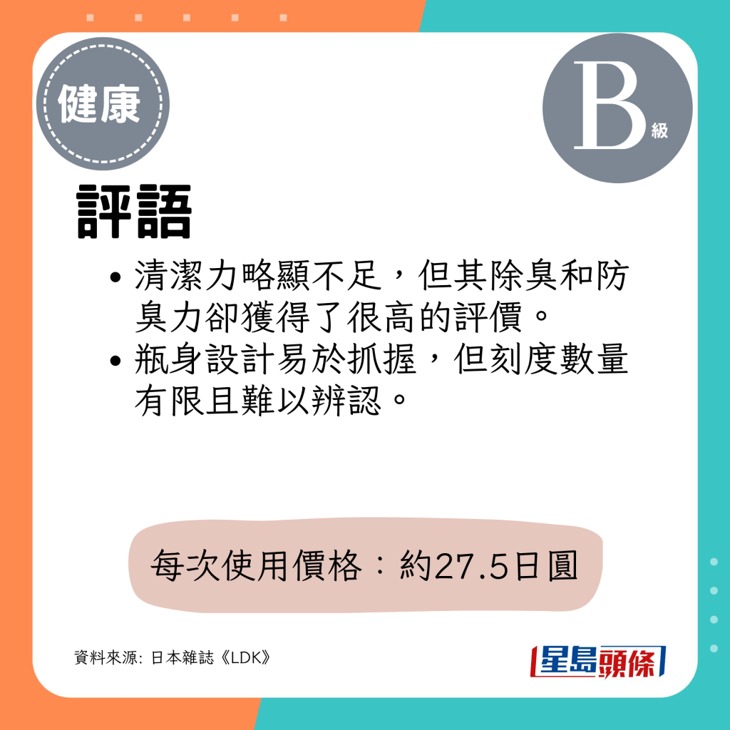 清洁力略显不足，但其除臭和防臭力却获得了很高的评价。