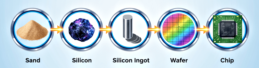 （左起）由沙子變成晶片