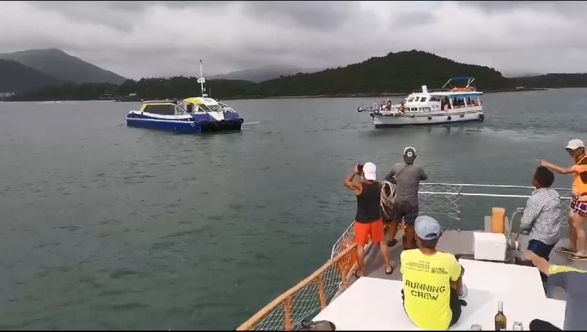 游艇与滘西洲渡轮相撞后，之后慢慢向后驶离。