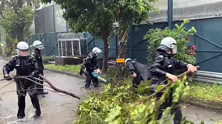 懲教人員颱風下清理塌樹。fb：香港懲教署