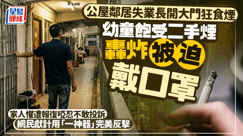公屋鄰居失業長開大門狂食煙 幼童飽受二手煙轟炸被迫戴口罩 網民獻計用「一神器」完美反擊｜Juicy叮