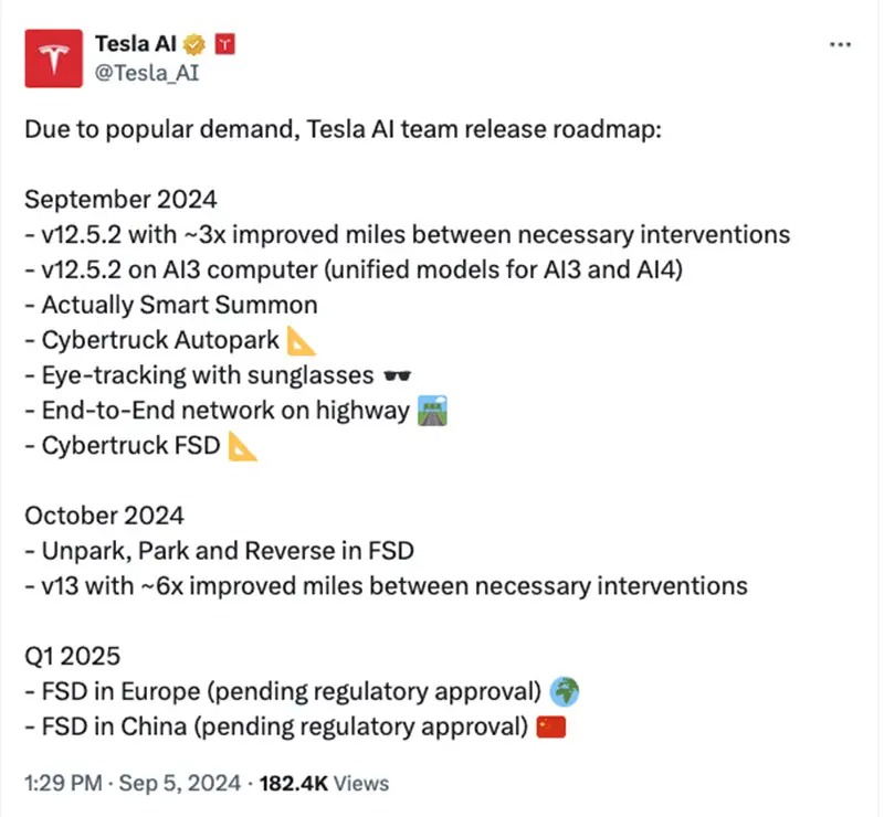 Tesla官方账号今日（5日）在社交媒体上发文称，计划明年第一季在中国和欧洲推出全自动驾驶功能（FSD）。