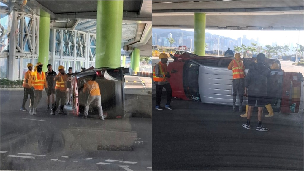 啟德承豐道的士翻側 3人一度被困 多名熱心地盤工協助救人
