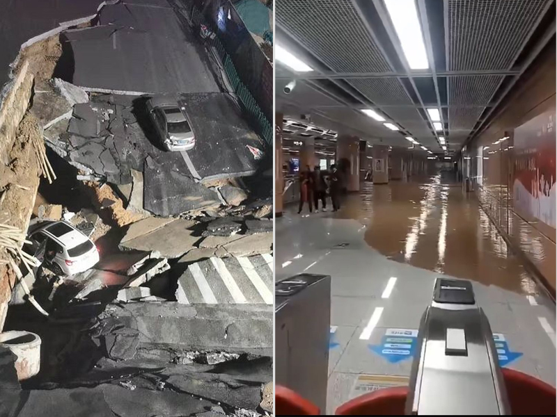 塌陷時水管發生爆裂,有水從中湧出,廈門地鐵一號線昨晚因此次塌陷事故暫時停運。(網圖)