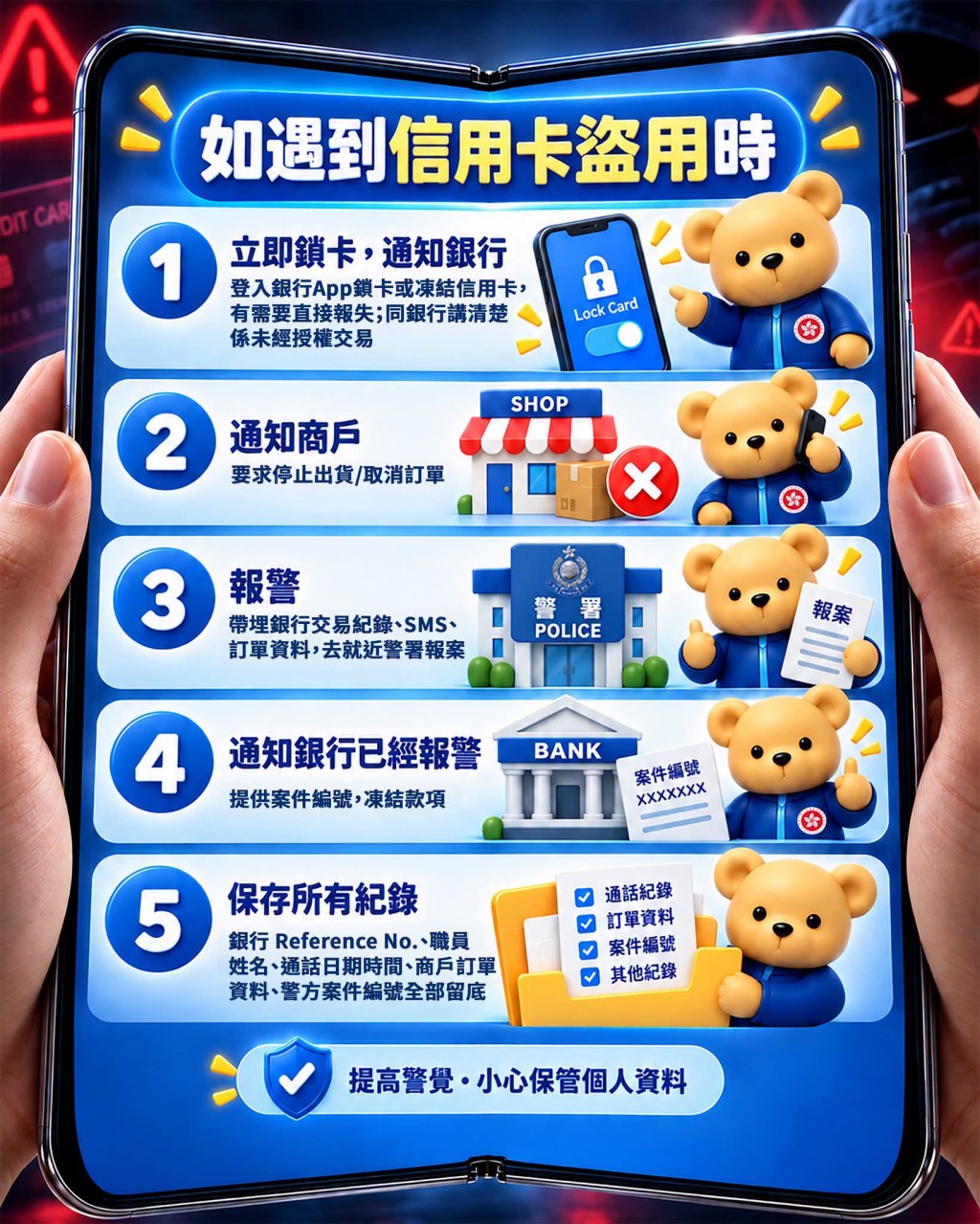 保安局提醒市民如發現不明簽賬，可立即按5個步驟行動。FB：保安局