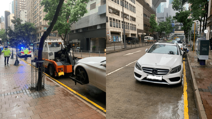 警方灣仔黑點打擊違泊,拖一阻街私家車。警方提供