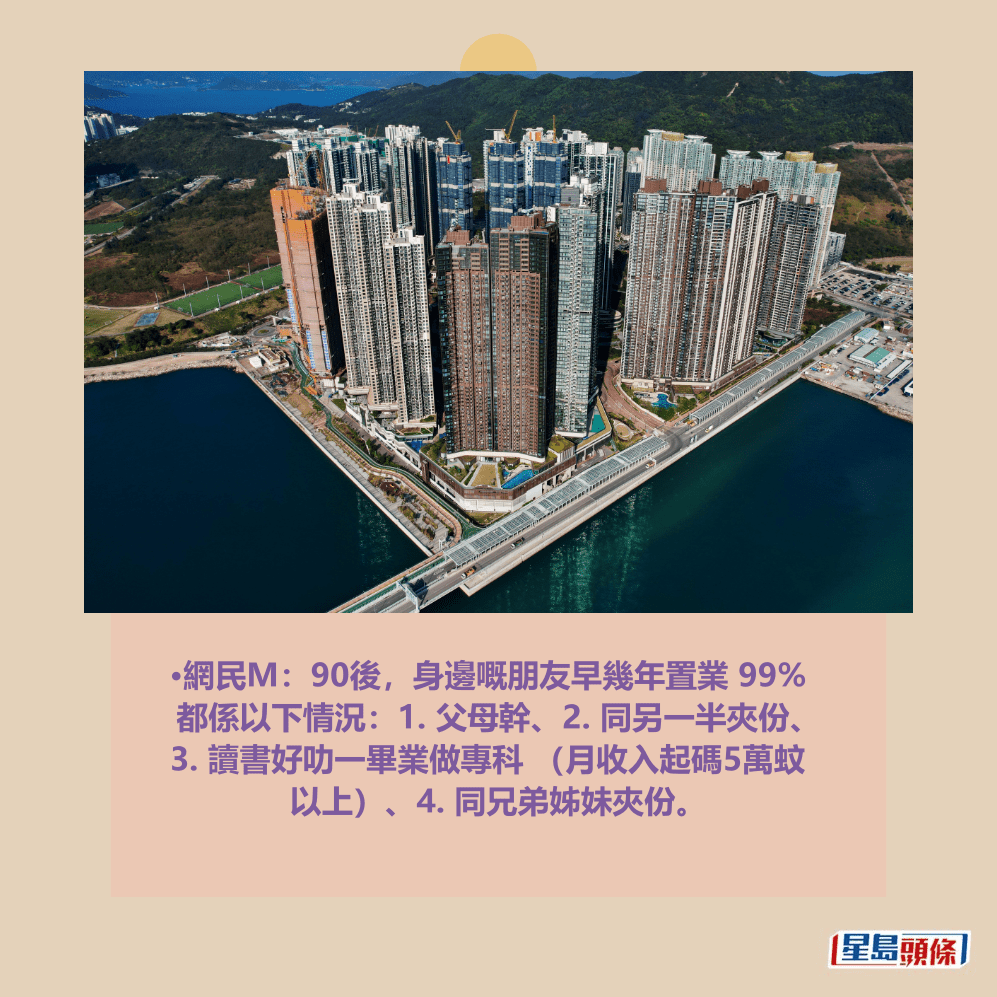 •網民M:90後,身邊嘅朋友早幾年置業 99% 都係以下情況:1. 父母幹、2. 同另一半夾份、 3. 讀書好叻一畢業做專科 (月收入起碼5萬蚊 以上)、4. 同兄弟姊妹夾份。資料圖片 •網民M:90後,身邊嘅朋友早幾年置業 99% 都係以下情況:1. 父母幹、2. 同另一半夾份、 3. 讀書好叻一畢業做專科 (月收入起碼5萬蚊 以上)、4. 同兄弟姊妹夾份。資料圖片