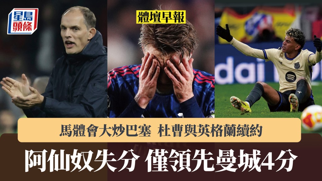 體壇早報｜阿仙奴失分 馬體會大炒巴塞 杜曹與英格蘭續約至2028年。美聯社