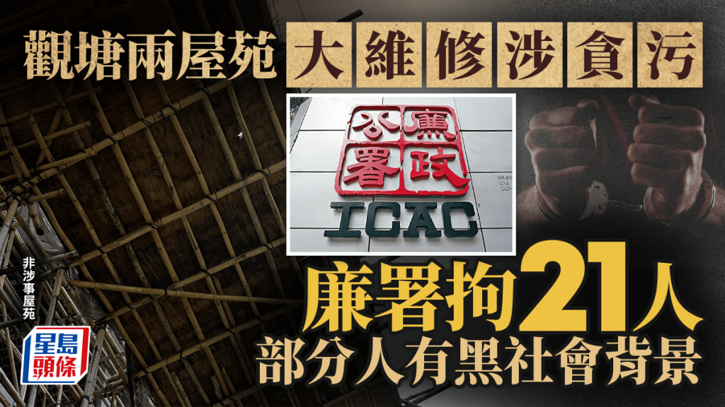 大維修工程｜廉署拘21人 涉觀塘兩屋苑大維修貪污 部分人有黑社會背景