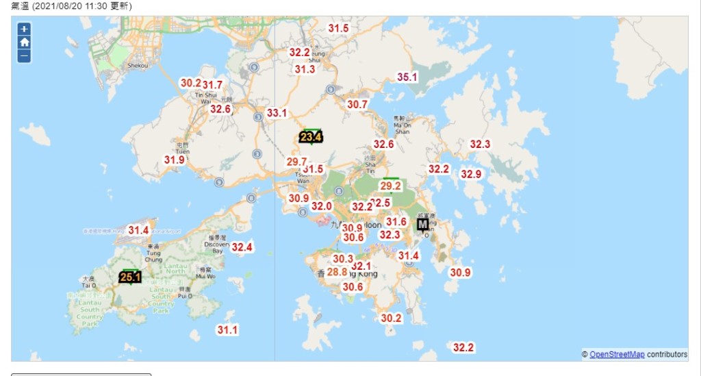 多區的氣溫亦為30度以上。天文台網頁截圖