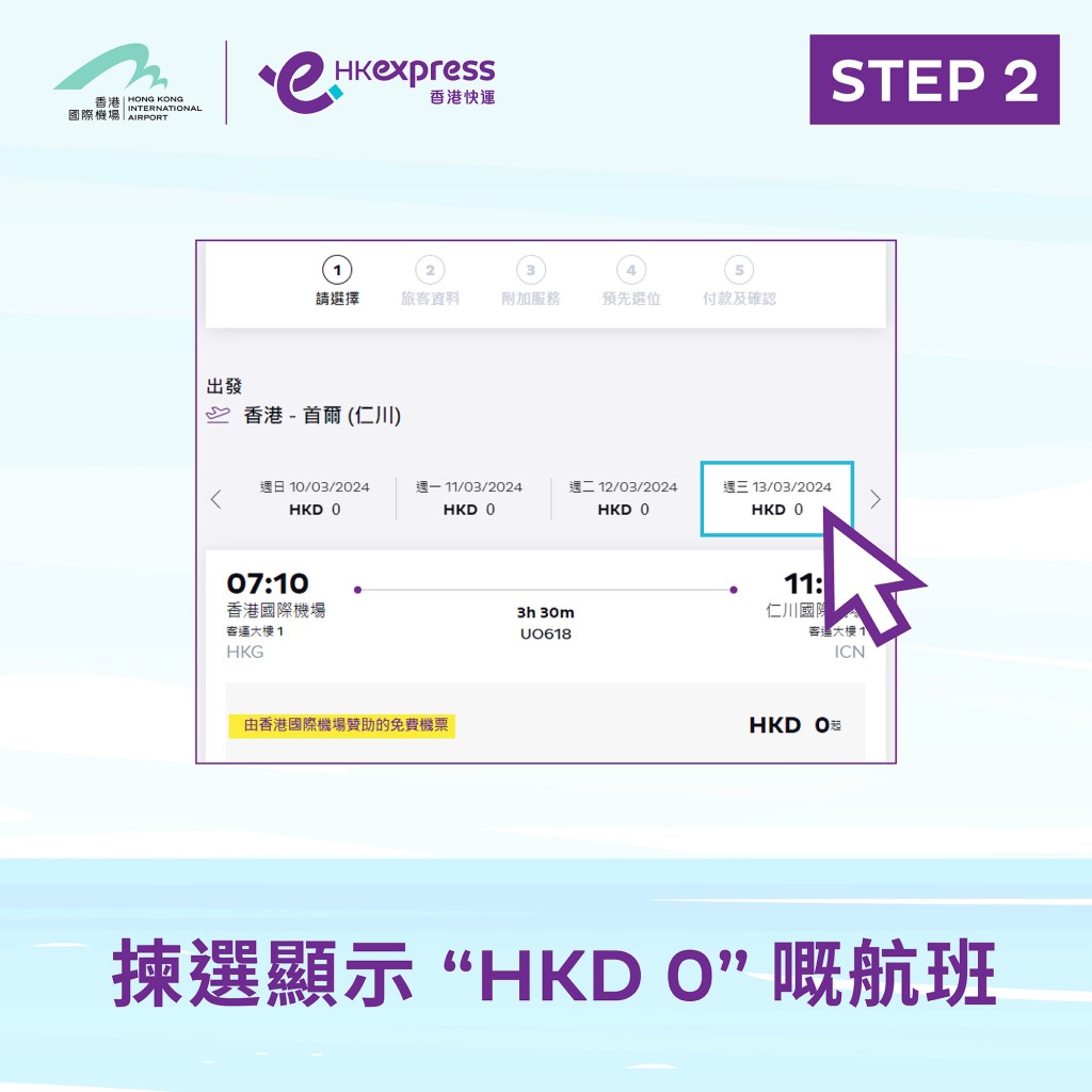 如果揀選日子所有 「HKD 0」的航班已經售罄，可向前或向後選擇，看就近日子是否有「HKD 0」的航班。香港快運FB圖片