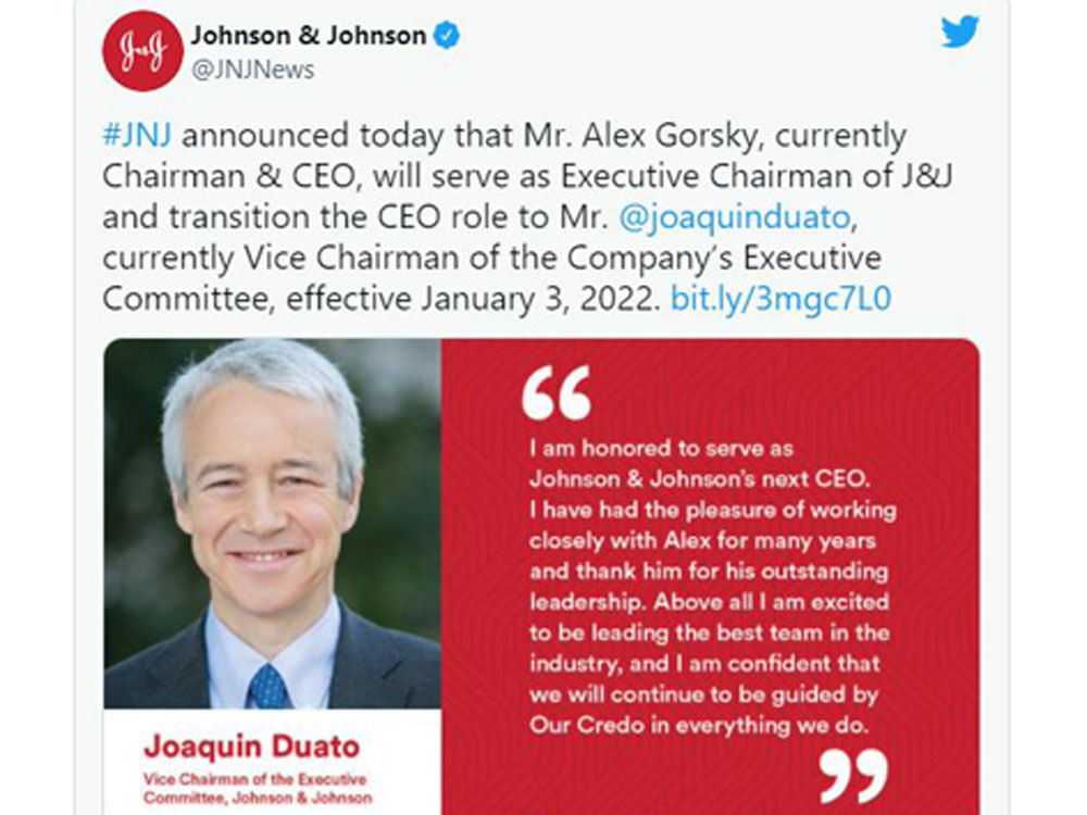 強生集團(J&J)宣布,杜阿托(Joaquin Duato)將接任行政總裁。(Twitter圖片)