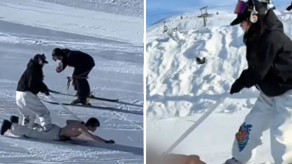 新疆阿泰勒一滑雪場內，有女子踩赤膊男上「放狗式」滑雪。《新京報》