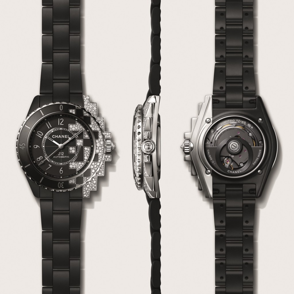 Chanel J12 Hyper Cybernetic。表殼：38mm白金及陶瓷；鑽石：240顆（1.30卡）；機芯：Caliber 12.1自動；售價：$527,800（限量55枚）。