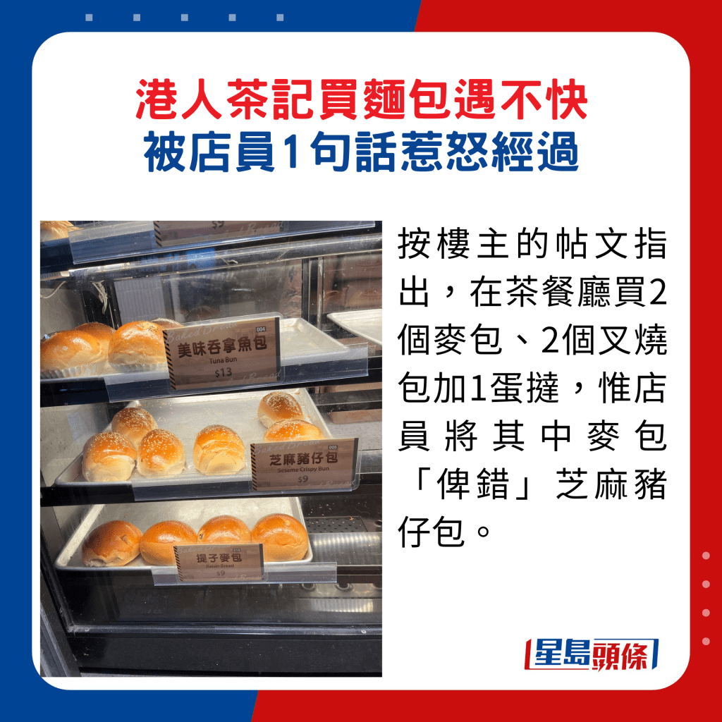 樓主的帖文指出，在茶餐廳買2個麥包、2個叉燒包加1蛋撻，惟店員將其中麥包「俾錯」芝麻豬仔包。
