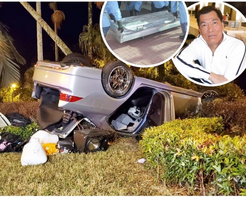 私家車四輪朝天擱於草叢。據悉，死者成俊賢為已故藝人「大傻」成奎安（小圖）的孫兒。
