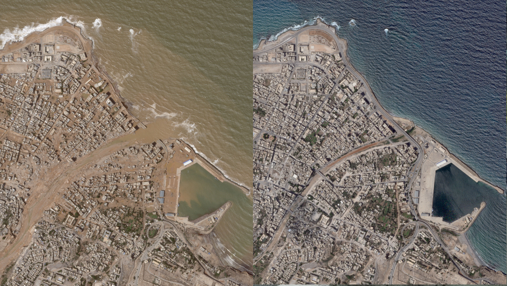 德爾納市衛星照，洪水前（左）後（右）對比。AP