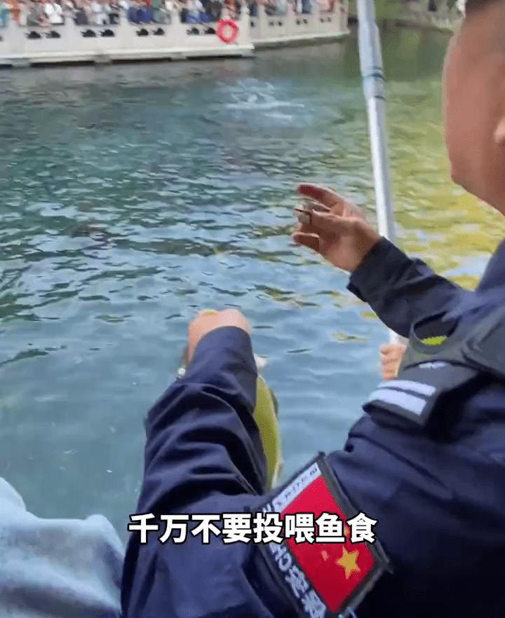 保安手持死魚勸阻遊客投餵。