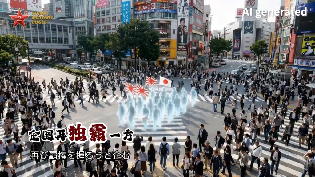 帖文更用人工智能（AI）生成一段MV，畫面出現多個日本軍國主義場面在文體領域出現。