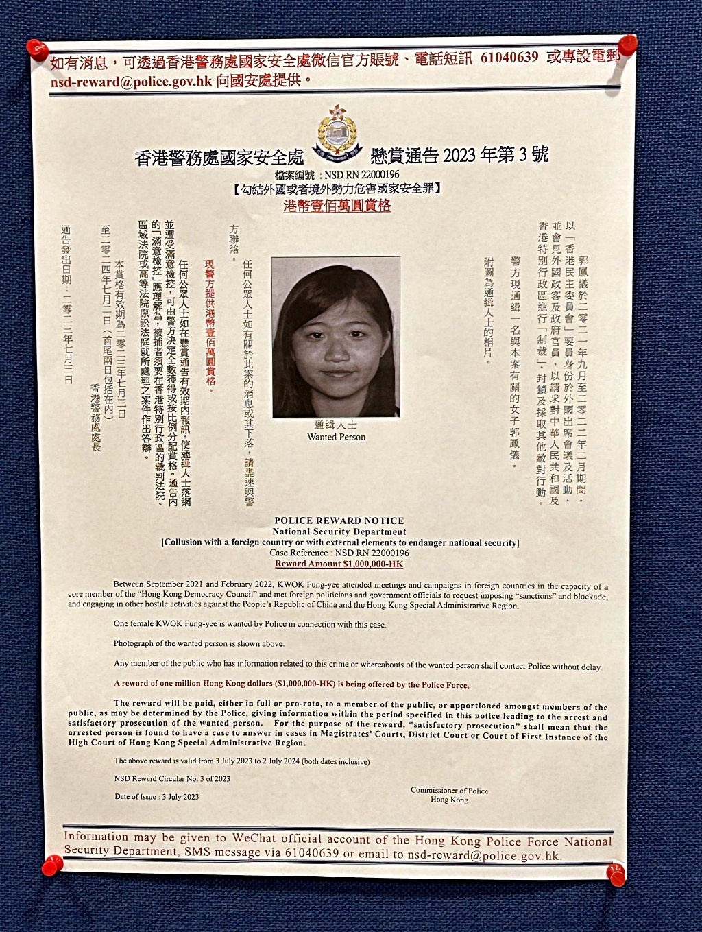 郭鳳儀遭國安處懸紅100萬元通緝。 郭鳳儀遭國安處懸紅100萬元通緝。
