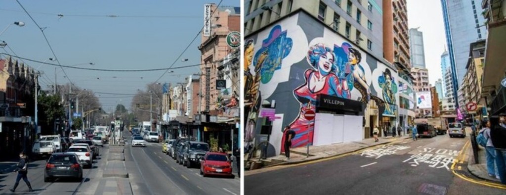 澳洲墨爾本北區的大街（High Street）（左）及香港上環的荷李活道（右），被國際知名旅遊媒體網站，評選為2024年「最具型格街道」的首兩名。（Time Out網站圖片）