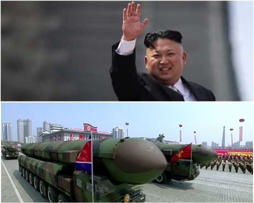 圖上,金正恩穿上黑色西裝;圖下,閱兵式上公開疑似新型洲際彈道導彈的武器。