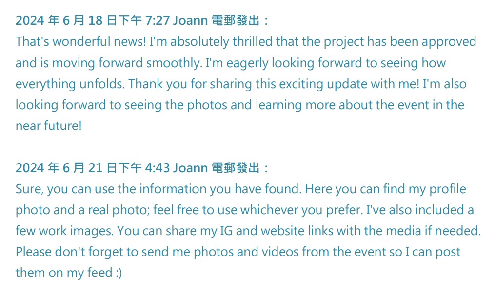 Joann表示高兴看到一切顺利进行，亦同意CVM使用她的个人照片作宣传。