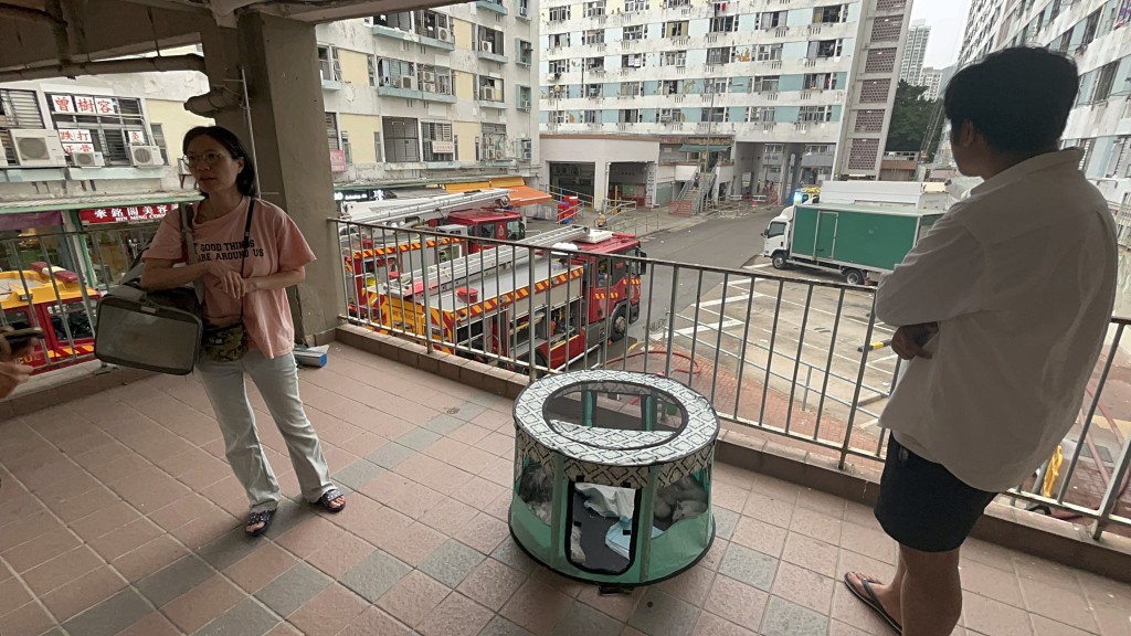 5樓住戶吳太與丈夫帶同四隻愛貓走火警。楊偉亨攝 