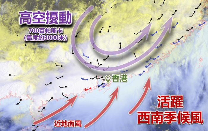 人工智能在預測西南季候風和高空擾動較為優勝。天文台網頁圖片