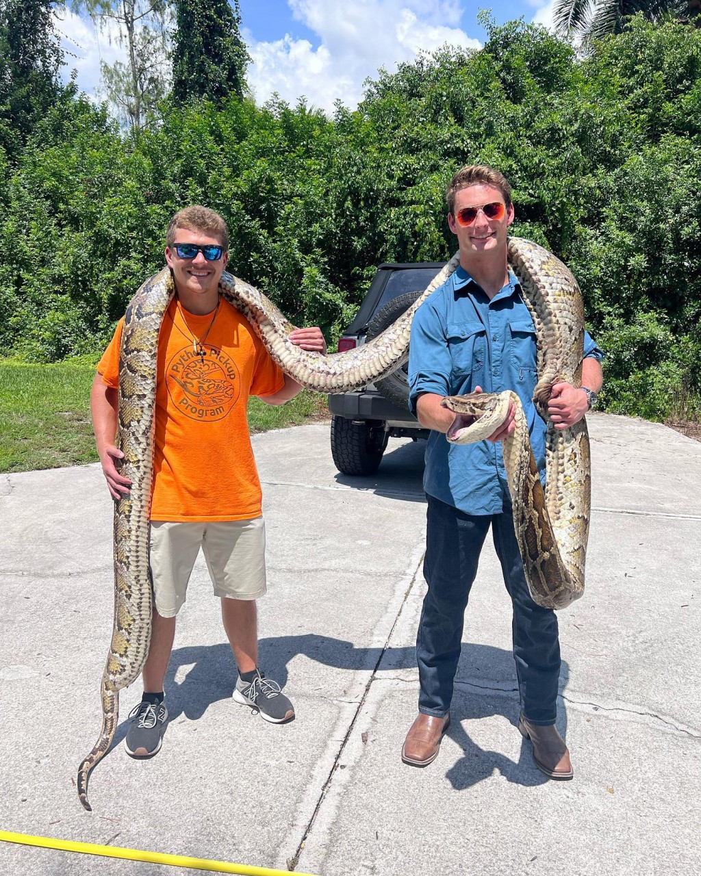 猎人瓦莱里（Jake Waleri）和朋友与史上最长缅甸蟒蛇合照。  Instagram@gladesboys