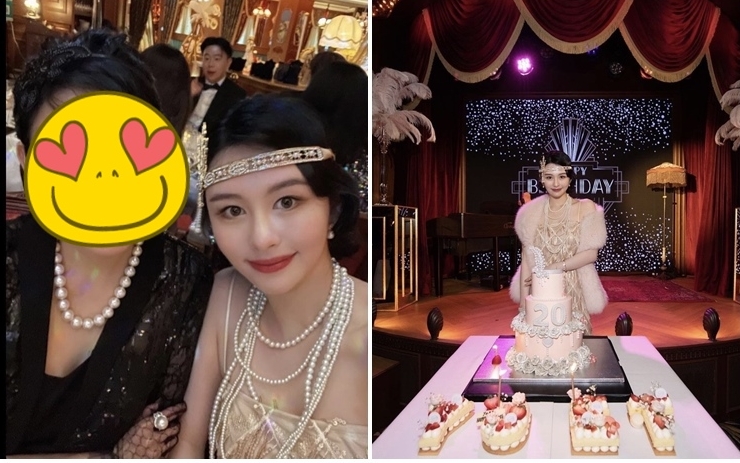 沈月開生日派對,跟媽咪一同合照。