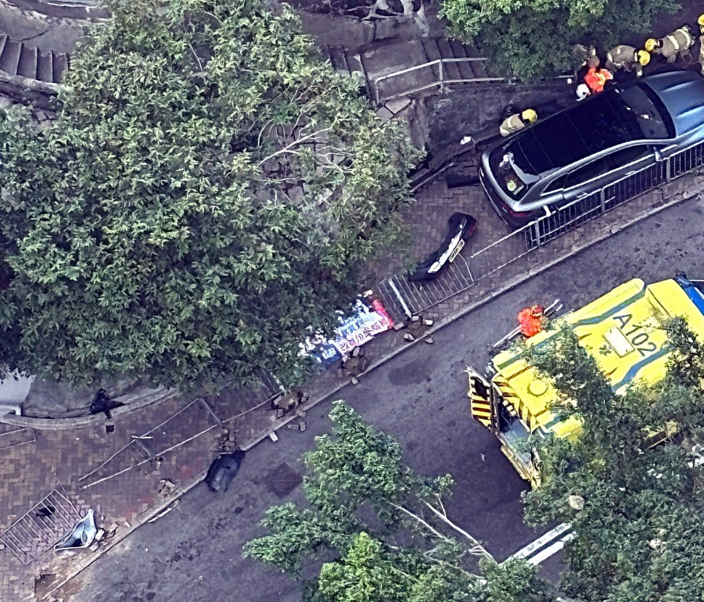 私家車掃毀逾20米鐵欄。網圖 私家車掃毀逾20米鐵欄。網圖