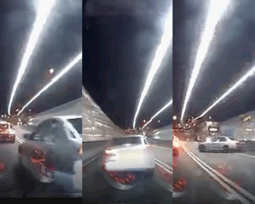 私家車隧道左穿右插,又切線爬頭,埸面驚險。馬路的事討論區FB影片截圖