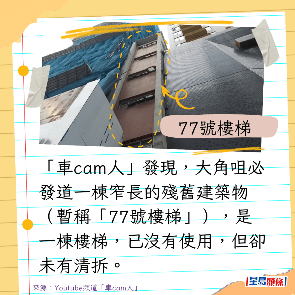 「車cam人」發現，大角咀必發道一棟窄長的殘舊建築物（暫稱「77號樓梯」），是一棟樓梯，已沒有使用，但卻未有清拆。