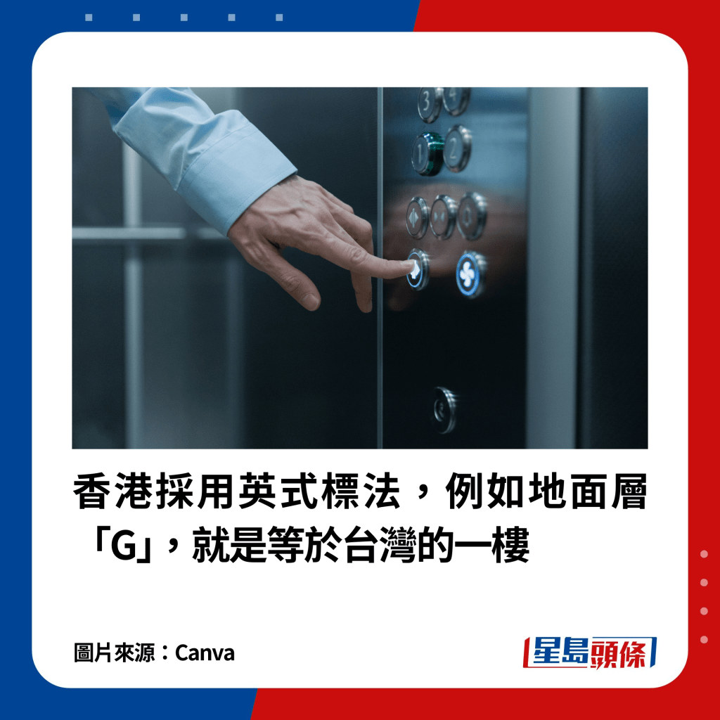 香港採用英式標法，例如地面層「G」，就是等於台灣的一樓