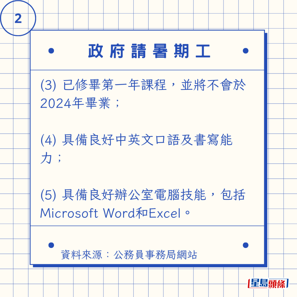 (3) 已修畢第一年課程,並將不會於2024年畢業; (4) 具備良好中英文口語及書寫能力; (5) 具備良好辦公室電腦技能,包括Microsoft Word和Excel。 (3) 已修畢第一年課程,並將不會於2024年畢業; (4) 具備良好中英文口語及書寫能力; (5) 具備良好辦公室電腦技能,包括Microsoft Word和Excel。